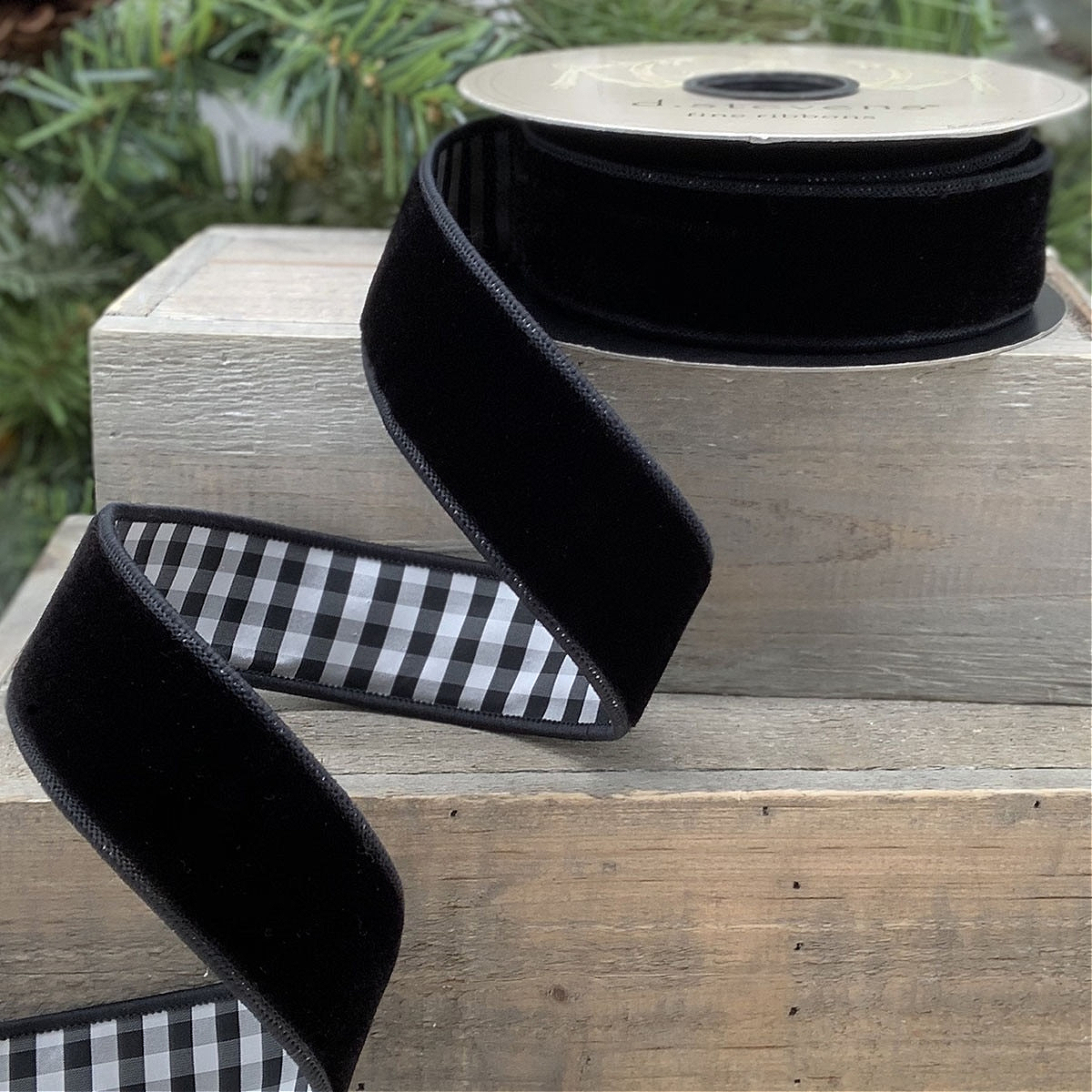 D Stevens Black Velvet Taffeta Check Ribbon