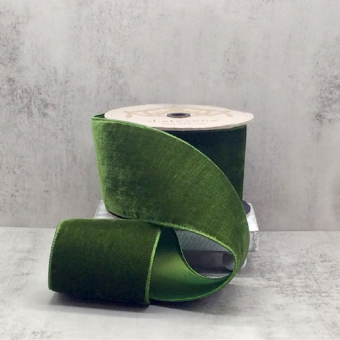 D. Stevens Forest Green Velvet Dupion Ribbon roll with rich velvet texture and wired edge for luxury Christmas décor.