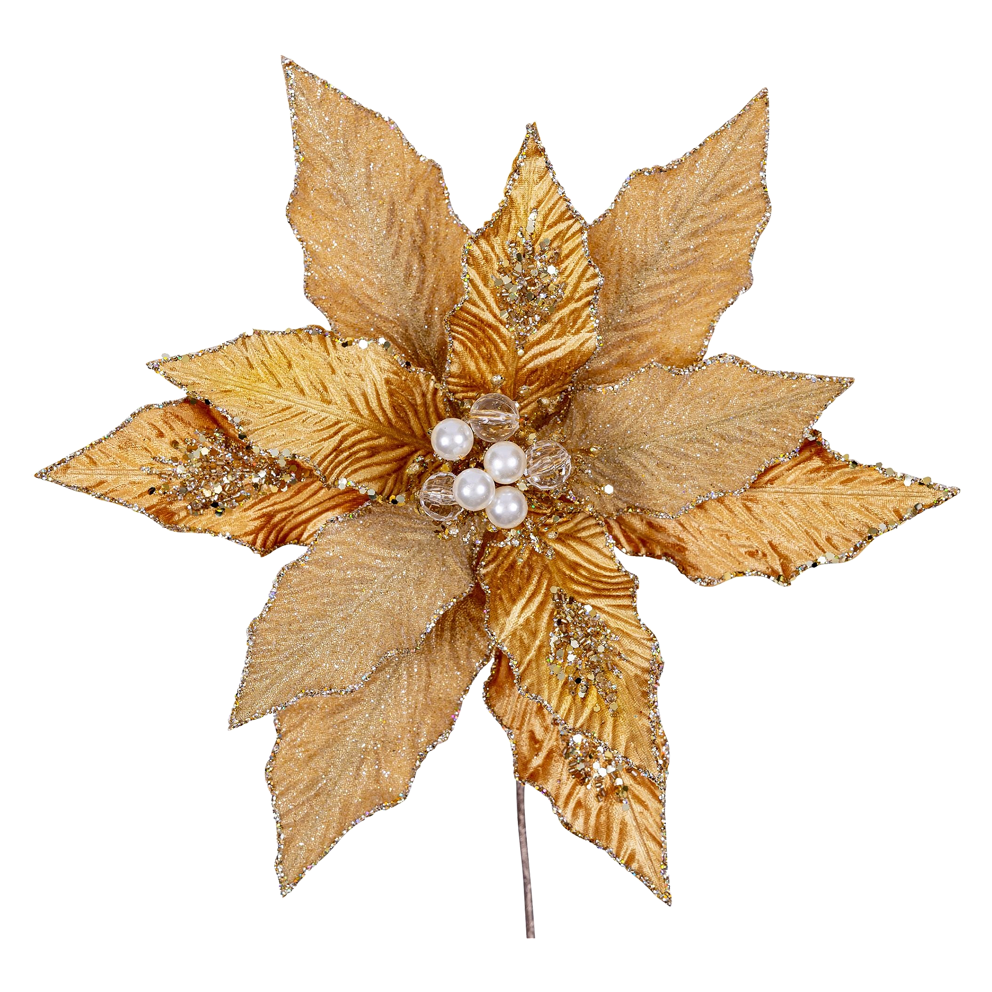 Festive Gold Poinsettia Stem With Clip 12"