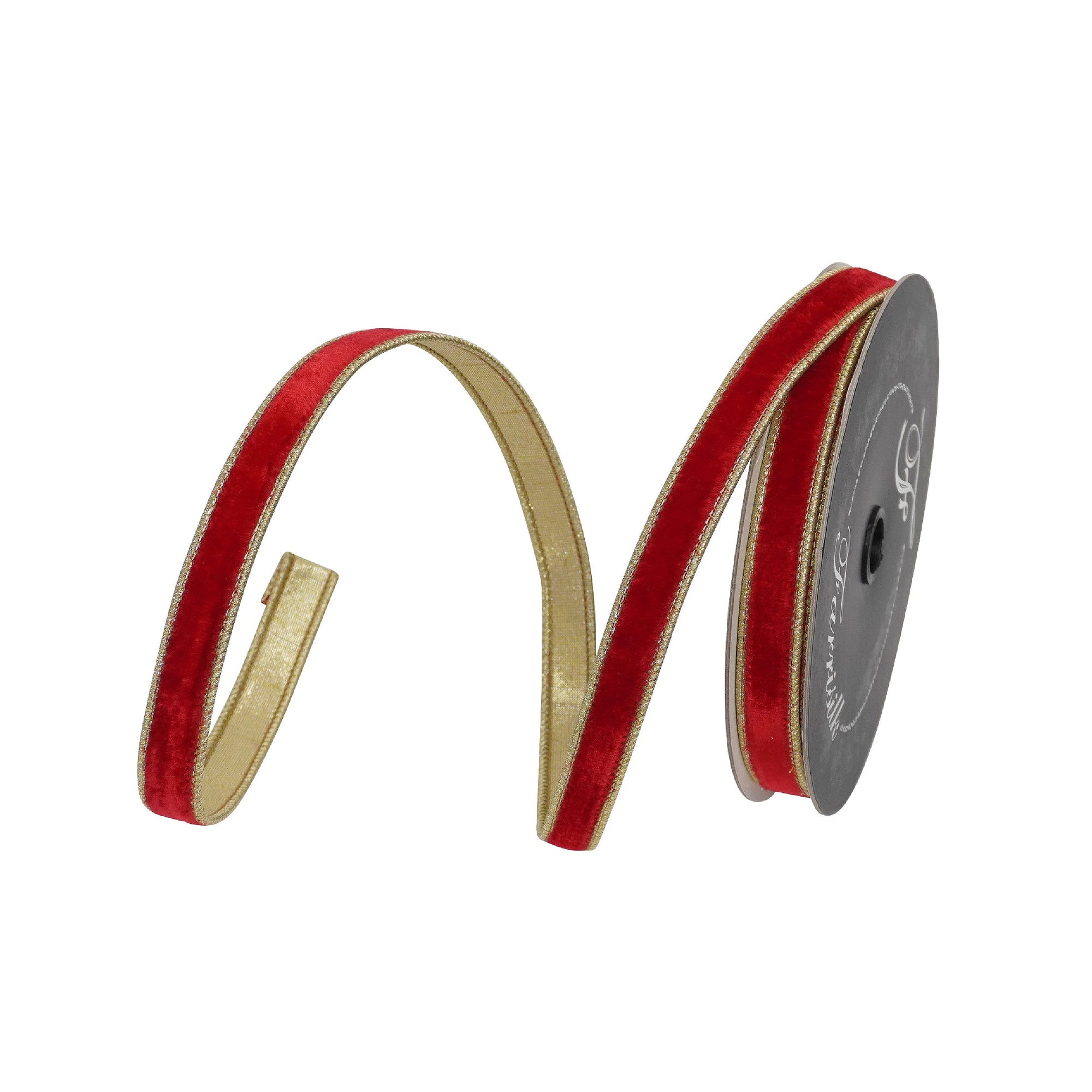 Farrisilk Petite Noël Velvet Trim red velvet and gold wired ribbon roll
