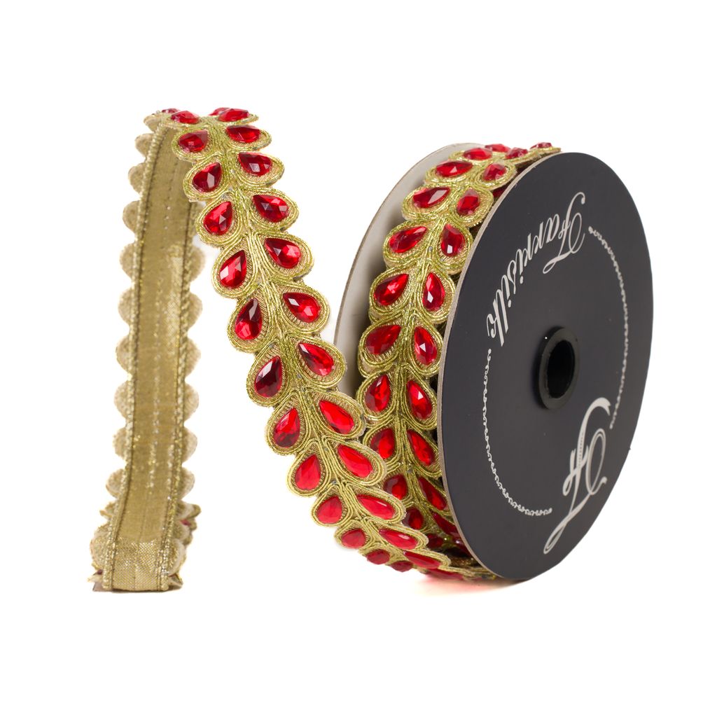 Ruby Leaf Jewel Ribbon with red crystal and gold leaf embroidery, luxury wired ribbon for Christmas trees and wreaths.