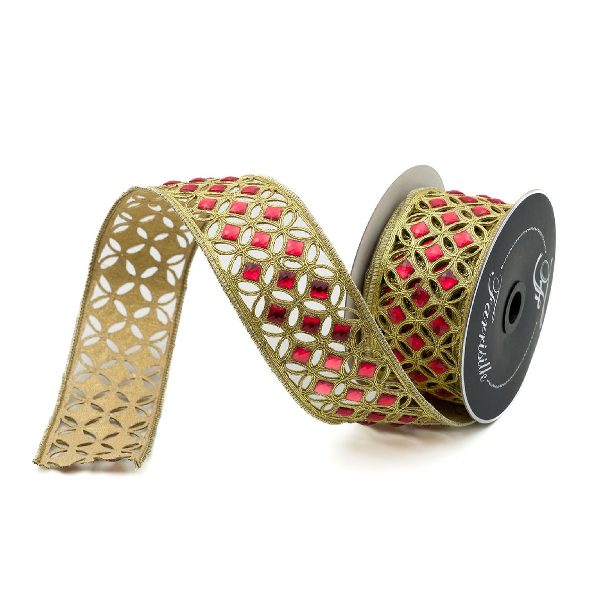Luxury gold wired ribbon with ruby jewel accents for Christmas décor.