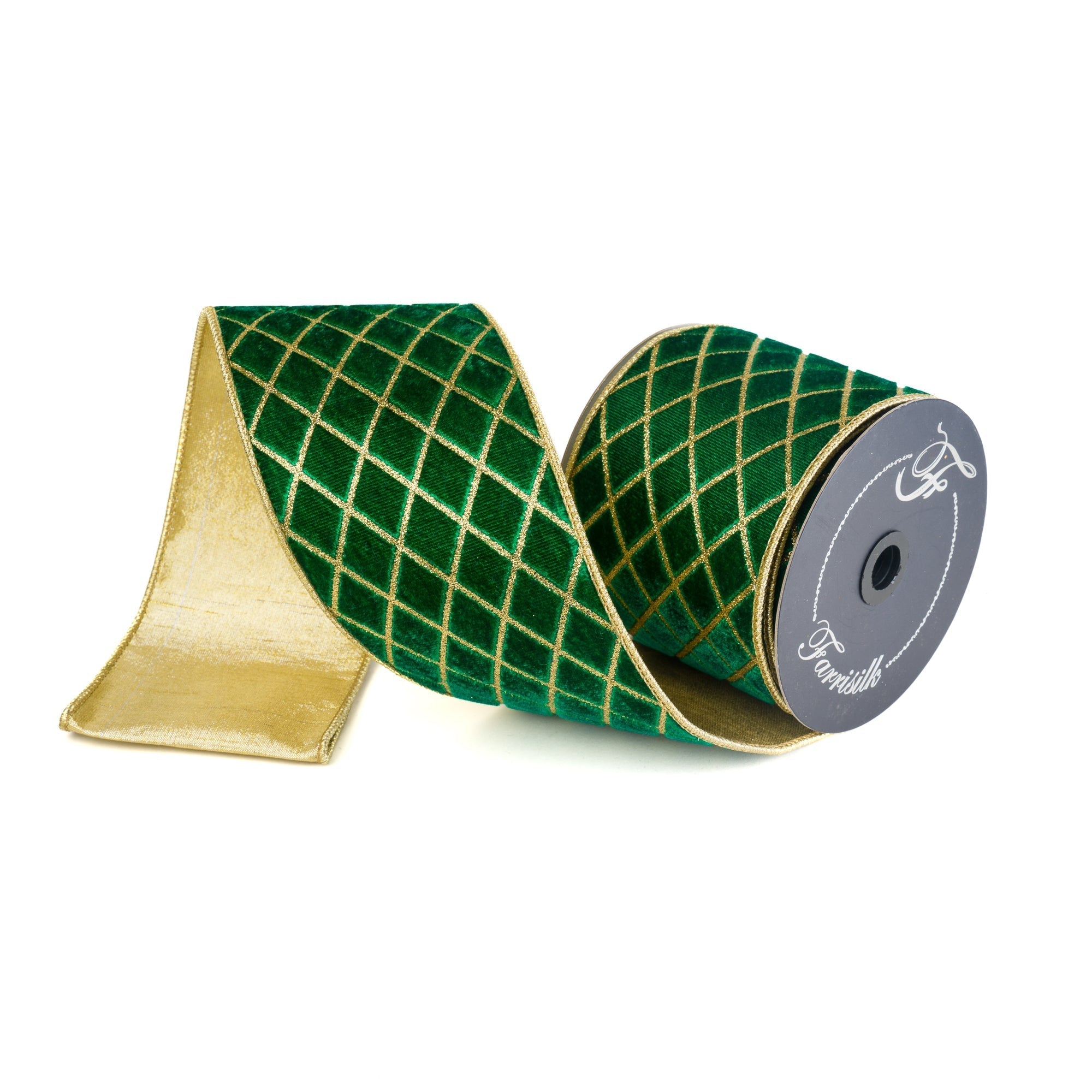 Emerald green velvet ribbon with gold diamond lattice and metallic gold backing on spool by Farrisilk.