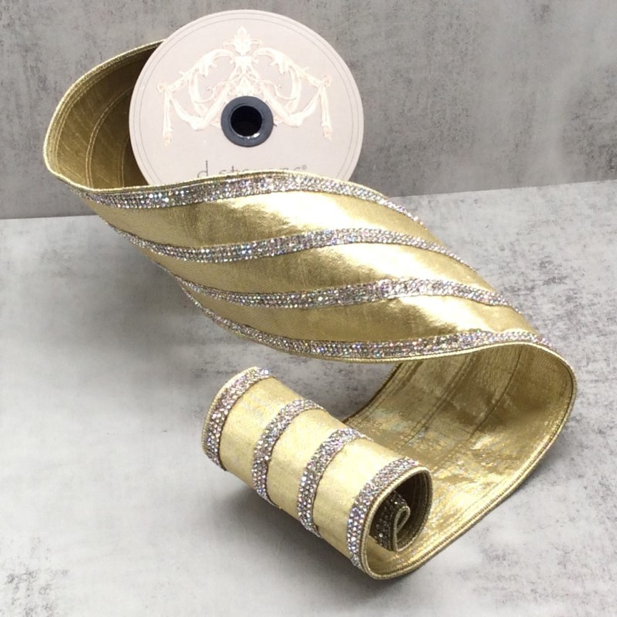 gold metallic dupion ribbon with clear crystal stripe by d stevens