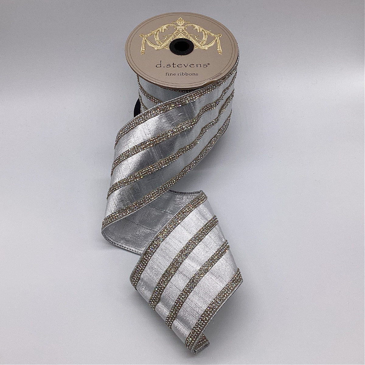 silver metallic dupion ribbon with crystal stripe by d stevens