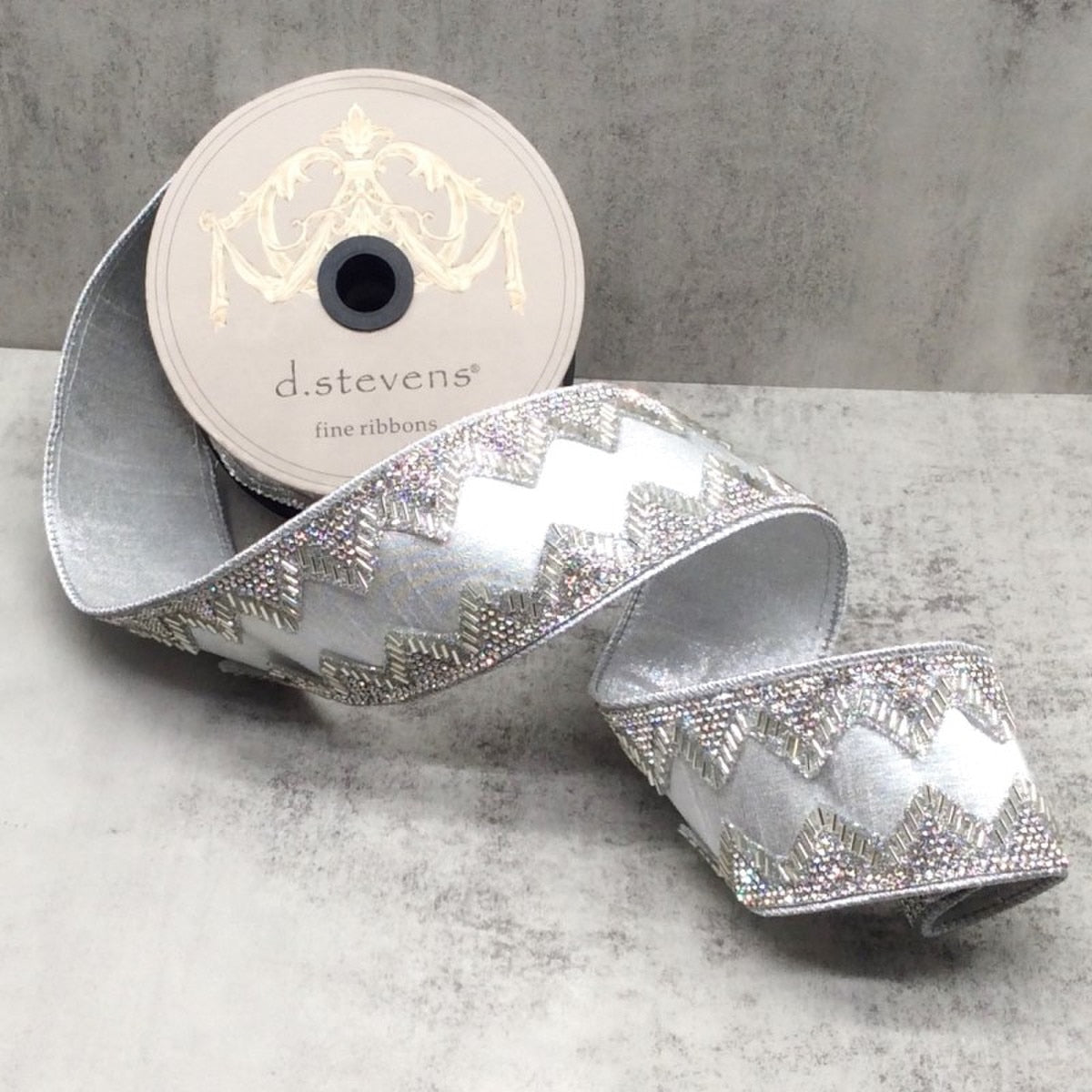 silver metallic dupion Christmas ribbon with clear crystal bijoux trim