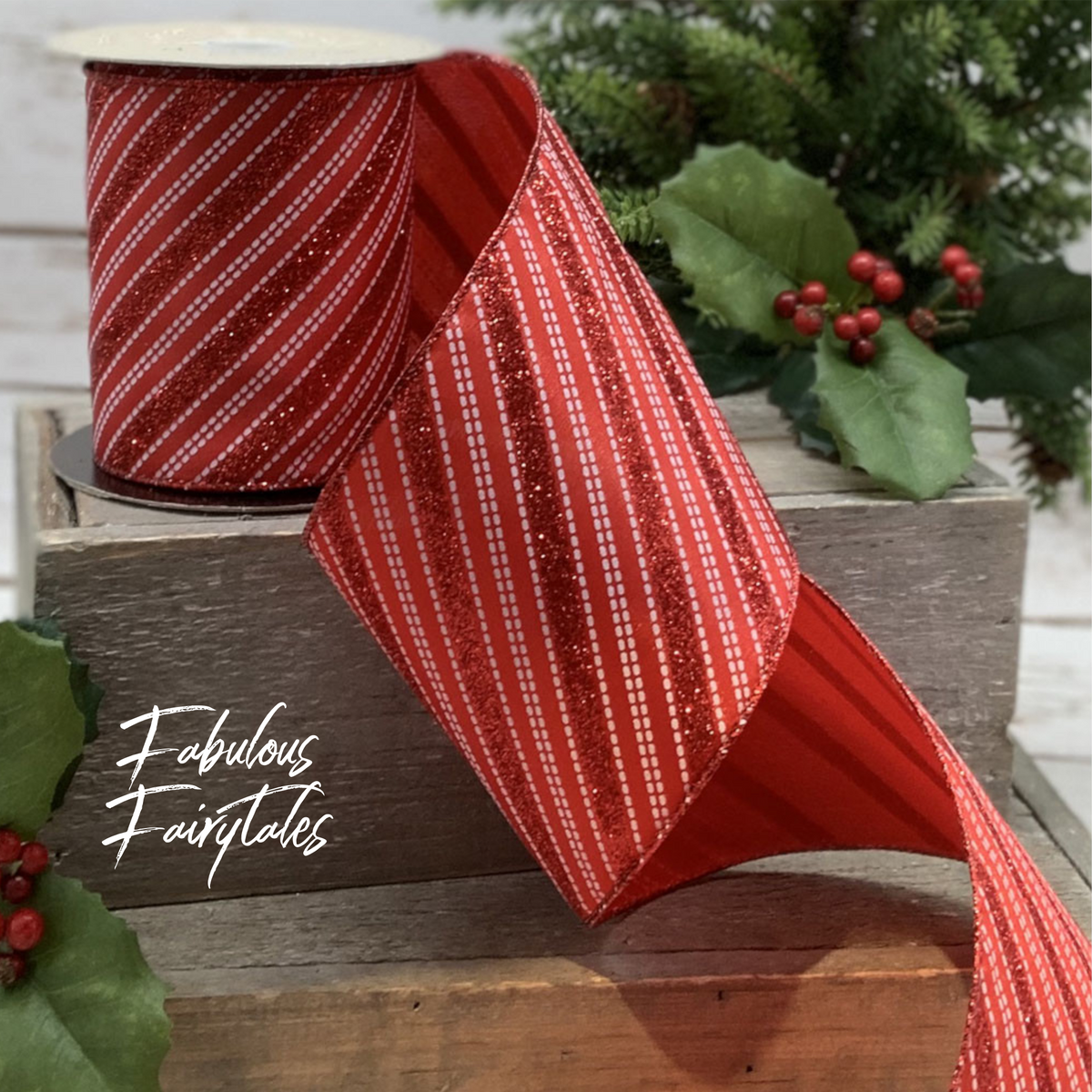 D Stevens Candy Cane Glitter Stripe Wired Christmas Ribbon