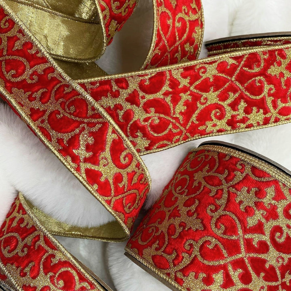 Donna Stevens red velvet Christmas ribbon with gold scroll design, luxury wired holiday ribbon