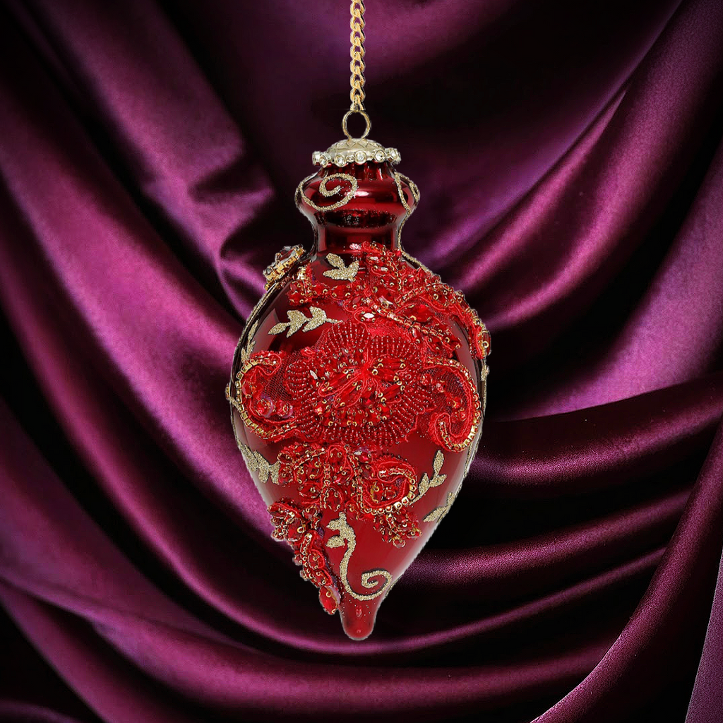 Luxury red and gold glass Christmas ornament with crystal detailing from Mark Roberts.