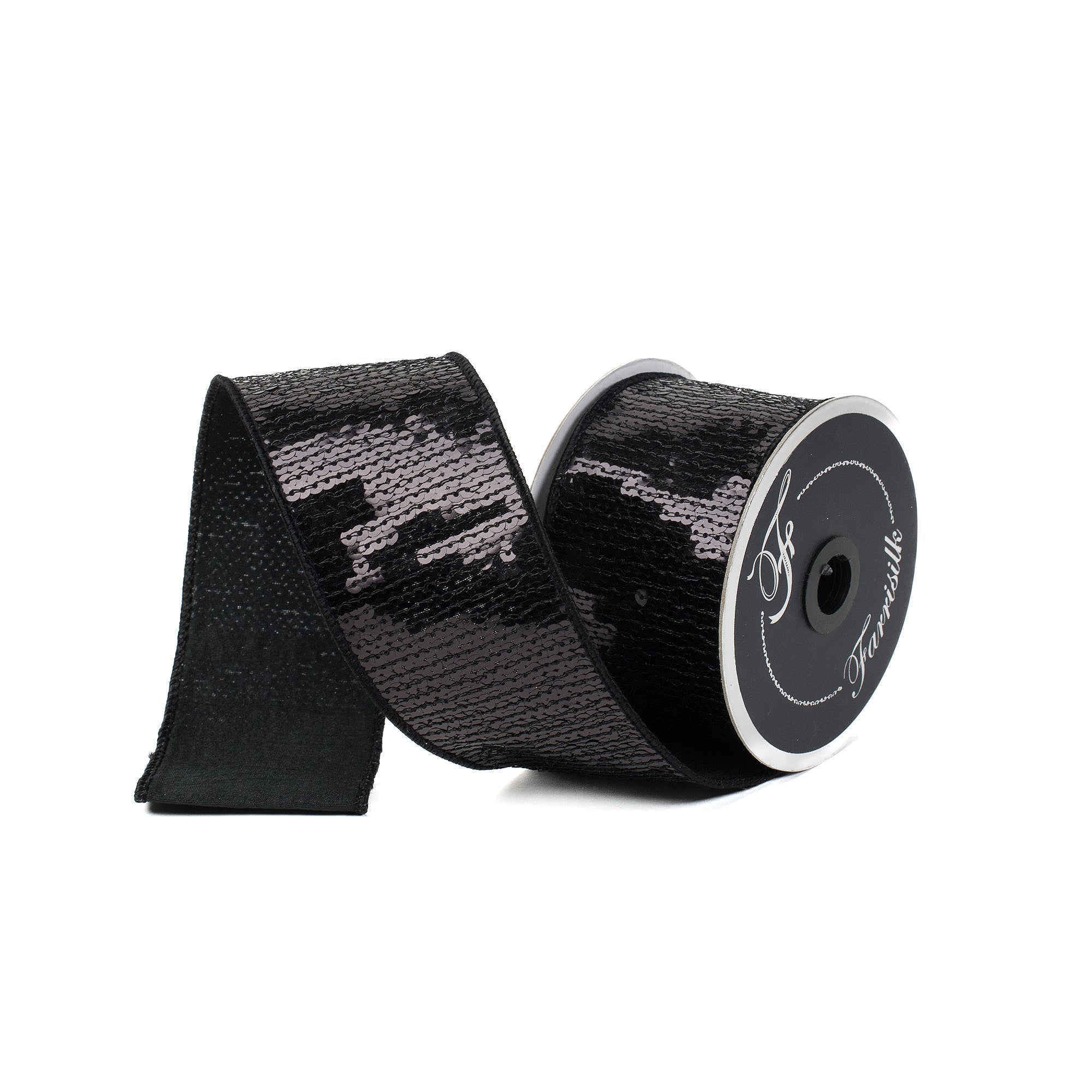 Luxury black sequin wired Christmas ribbon roll – designer decorative trim by Farrisilk