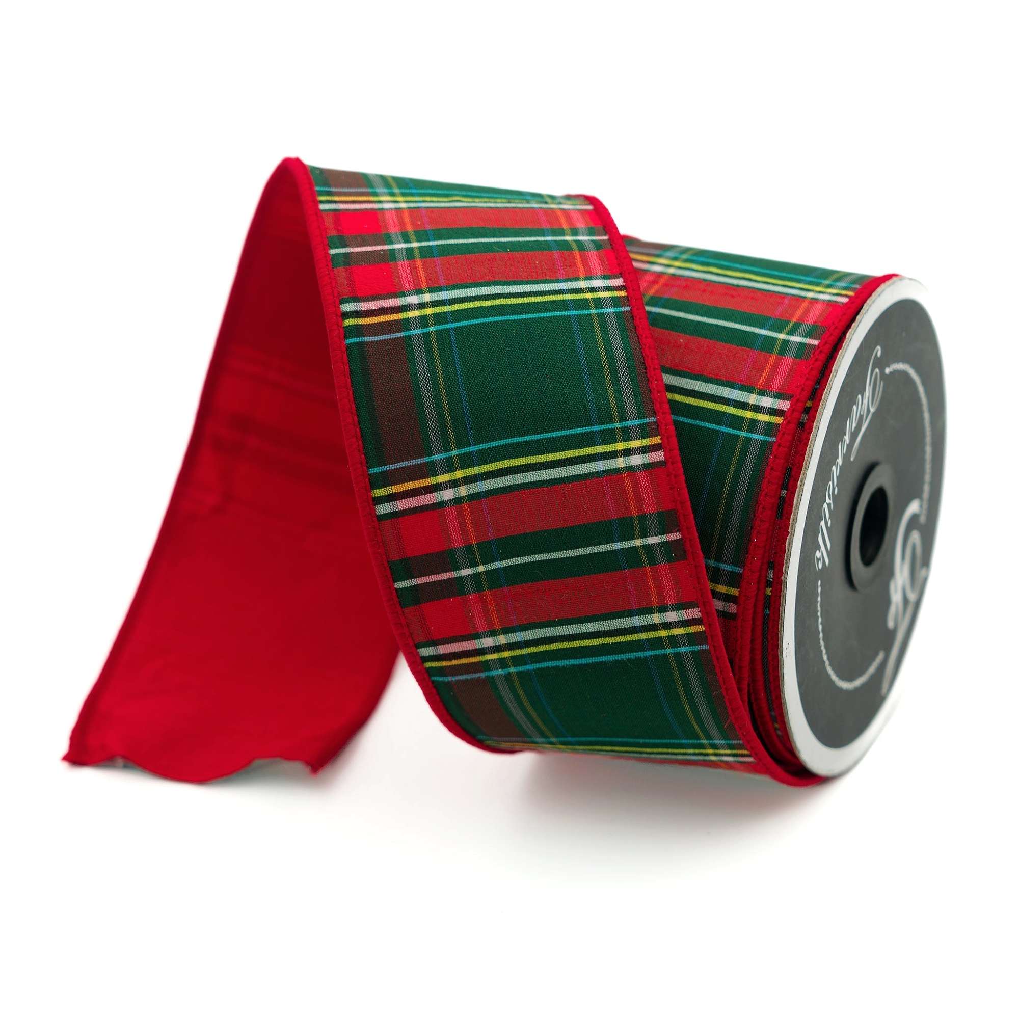 Luxury tartan and plaid Christmas ribbons – designer wired trims in classic red, green, and festive patterns for trees, bows, wreaths, and seasonal displays.