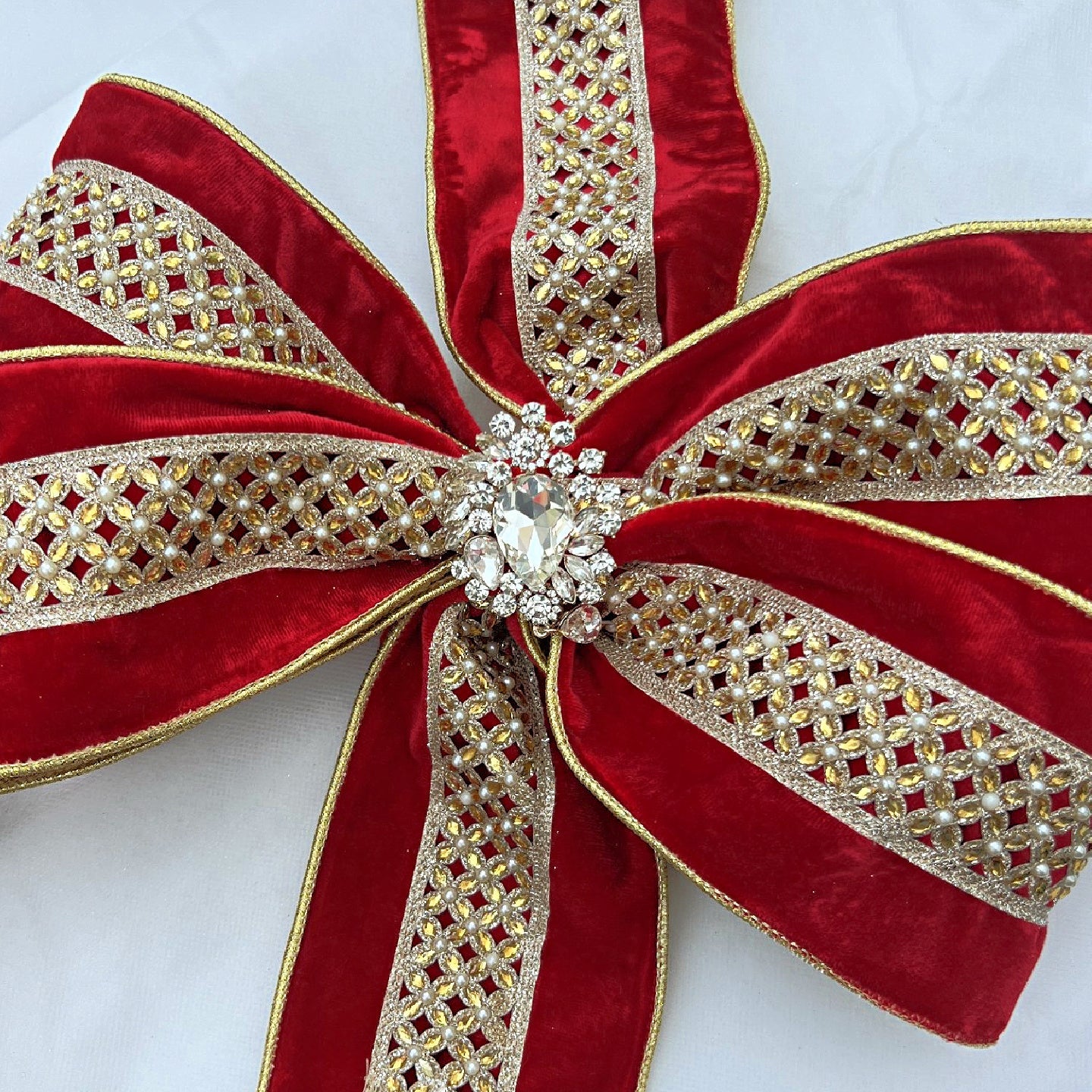 Christmas decorative ribbons collection – red velvet and gold jeweled bow for festive trees, wreaths, garlands, mantels and luxury holiday décor.