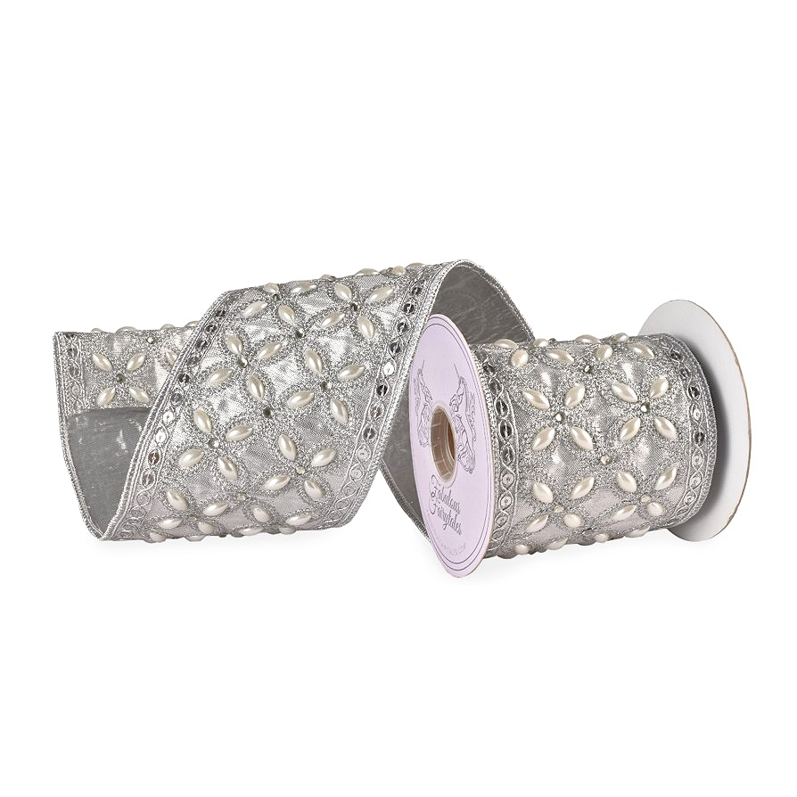 Luxury silver Christmas ribbons – designer wired trims with crystal, sequin and pearl accents for elegant bows, wreaths, trees and holiday décor.