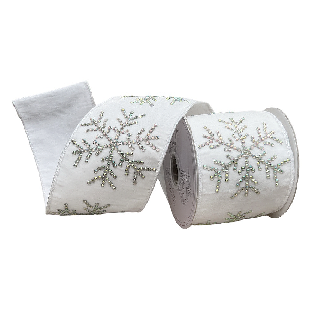 White wired ribbon with crystal snowflake embellishments, decorative roll for Christmas décor.