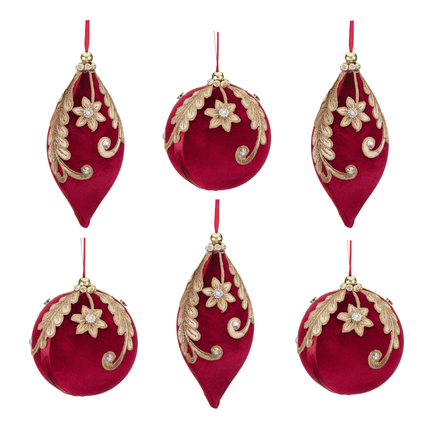 Set of red and gold velvet Christmas ornaments