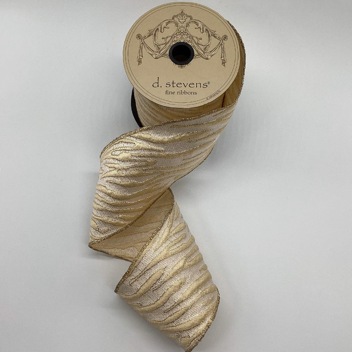 D. Stevens Golden Jacquard Luxe Ribbon 4" x 10 yds cream and gold wired Christmas ribbon roll