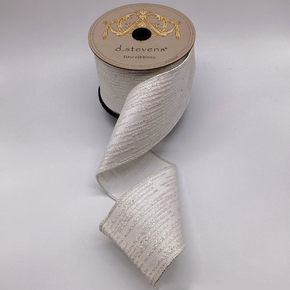 D. Stevens white dupion ribbon with iridescent glitter stripes, 4 inch wired Christmas ribbon