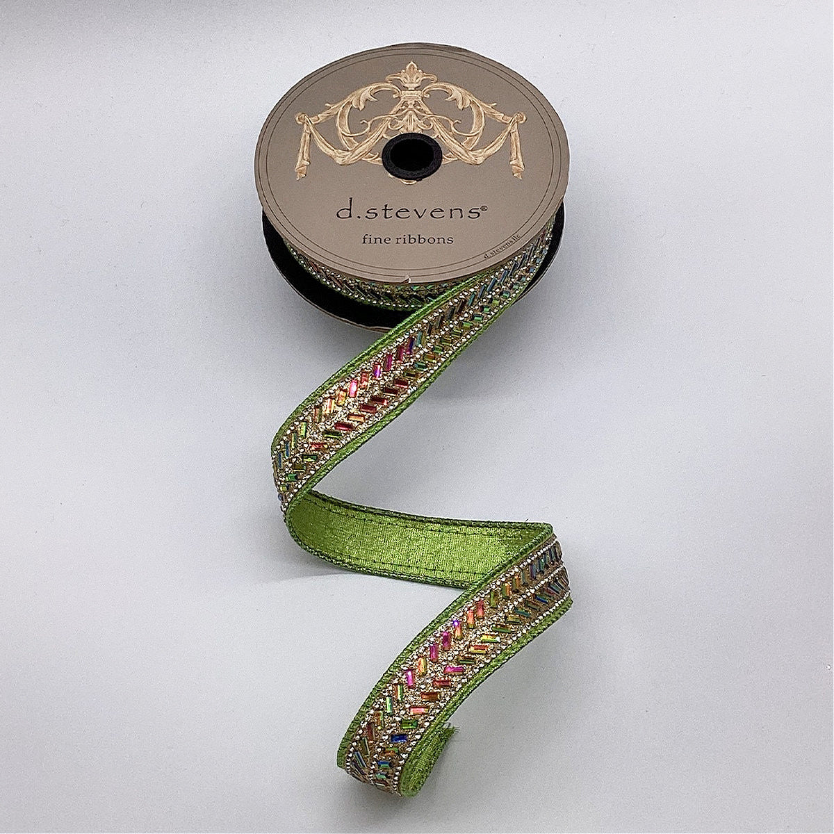 D Stevens Metallic Lime Herringbone Crystal Ribbon