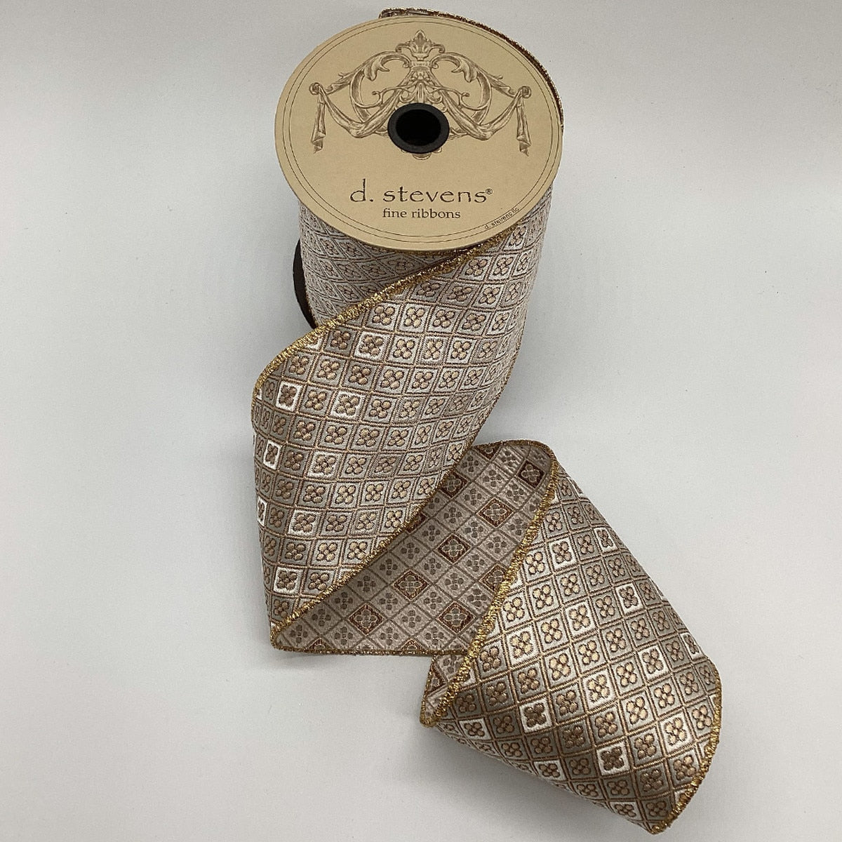 D. Stevens Mayfair Jacquard Ribbon featuring a gold and grey diamond floral pattern with a refined metallic sheen, ideal for luxury Christmas décor.