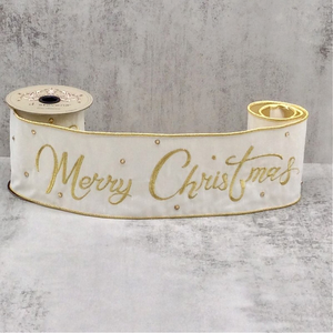 D Stevens Merry Christmas Embroidery Jewels White Wired Ribbon