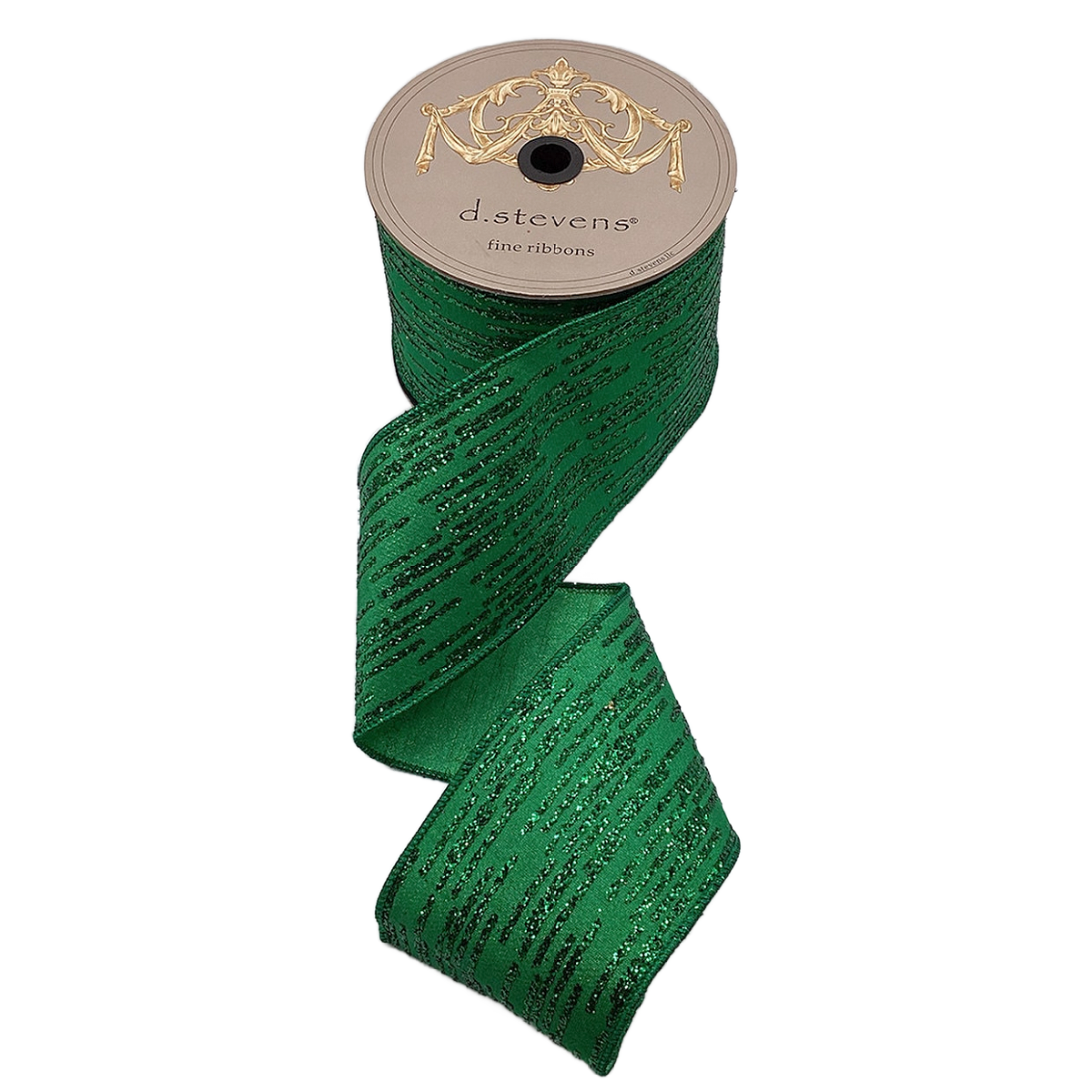 D Stevens Metallic Green Dupion Glitter Stripes Wired Ribbon