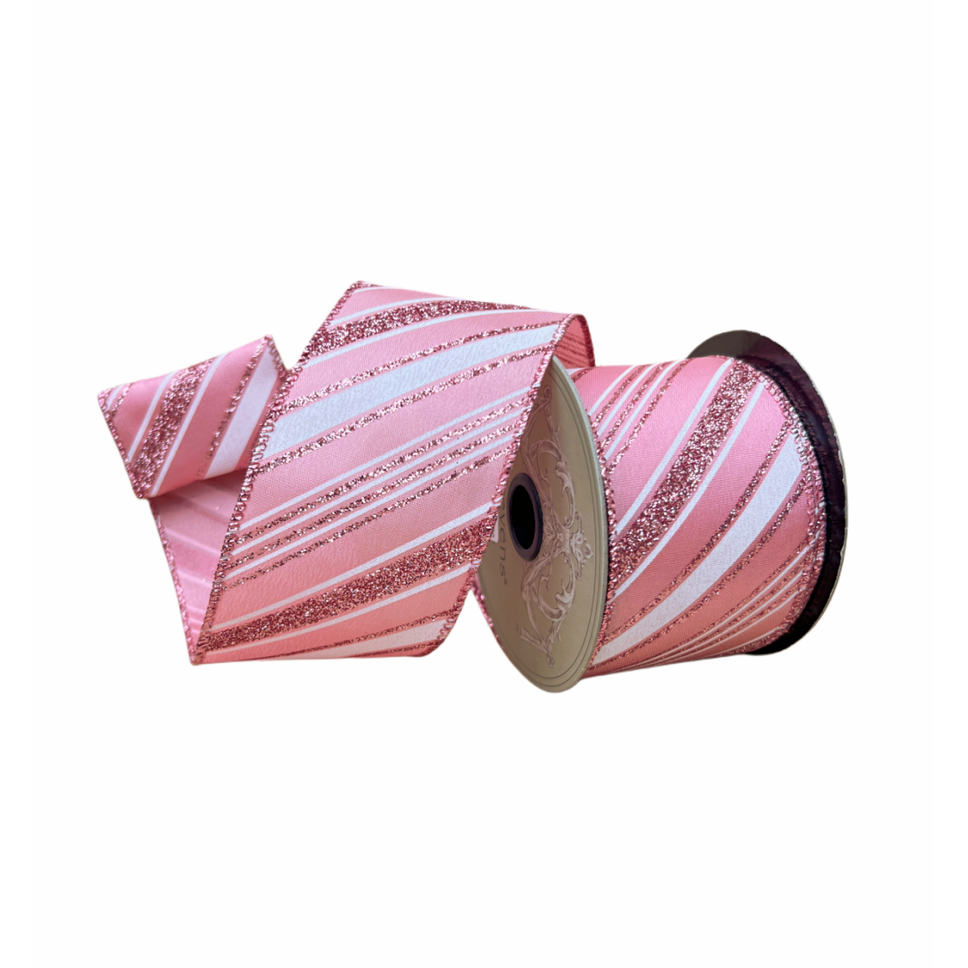 D Stevens Pink Glitter Candy Stripe Luxury Christmas Ribbon Wired ...