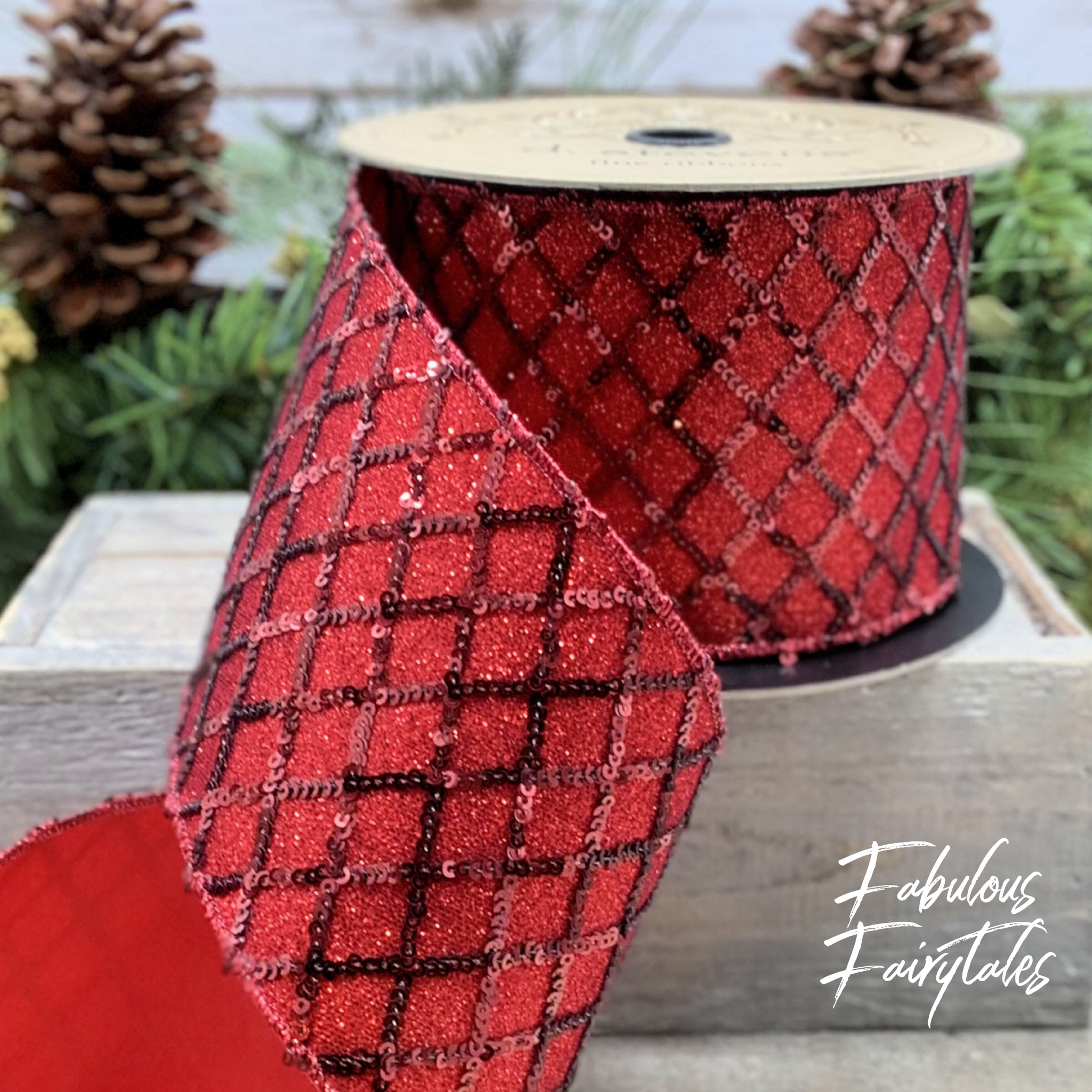 D Stevens Luxury Red Glitter Sequin Trellis Designer Christmas Ribbon ...