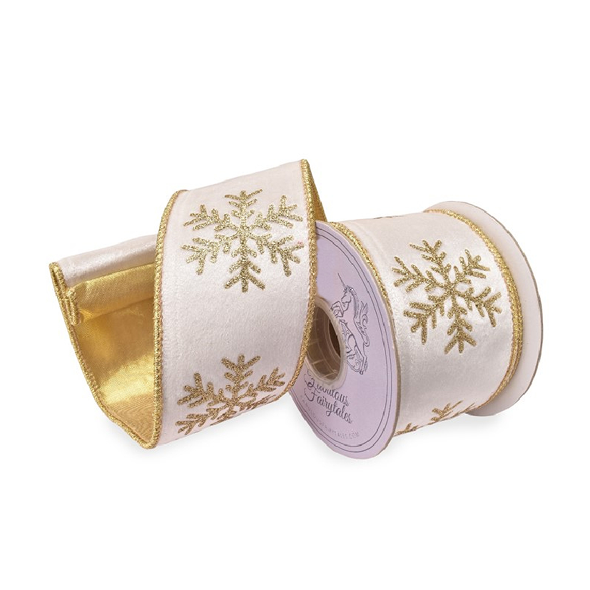 Fabulous Fairytales  White Velvet Golden Snowflake Ribbon