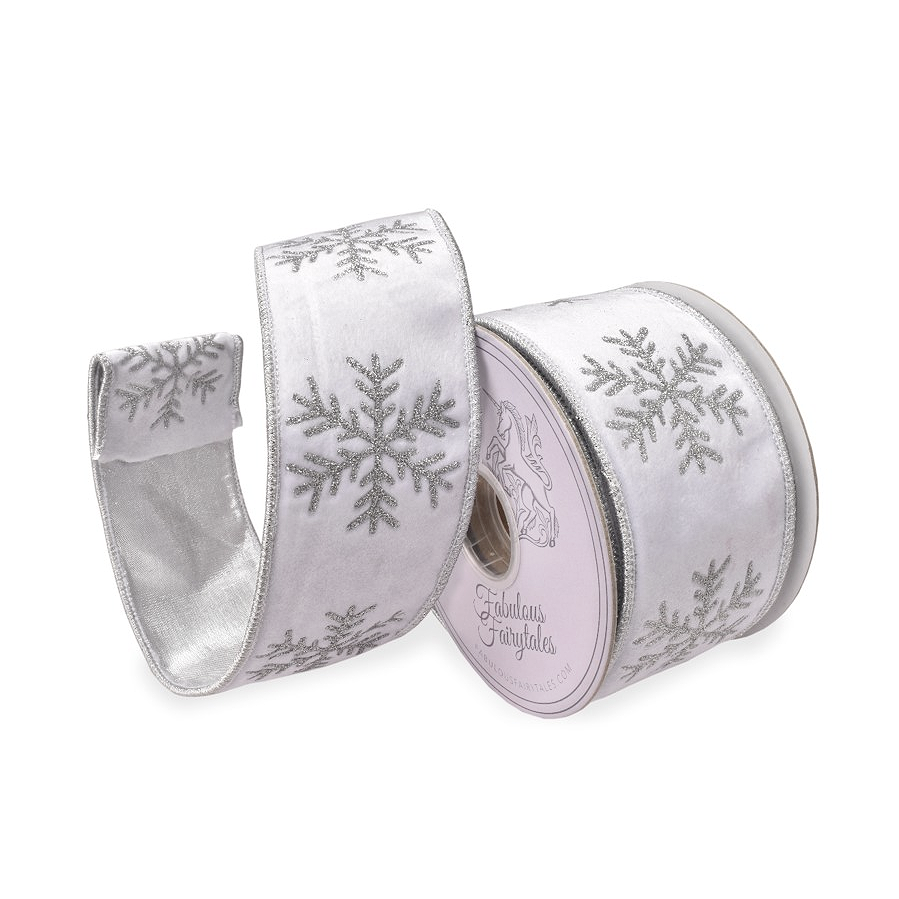 Fabulous Fairytales White Velvet Silver Snowflake Christmas Ribbon