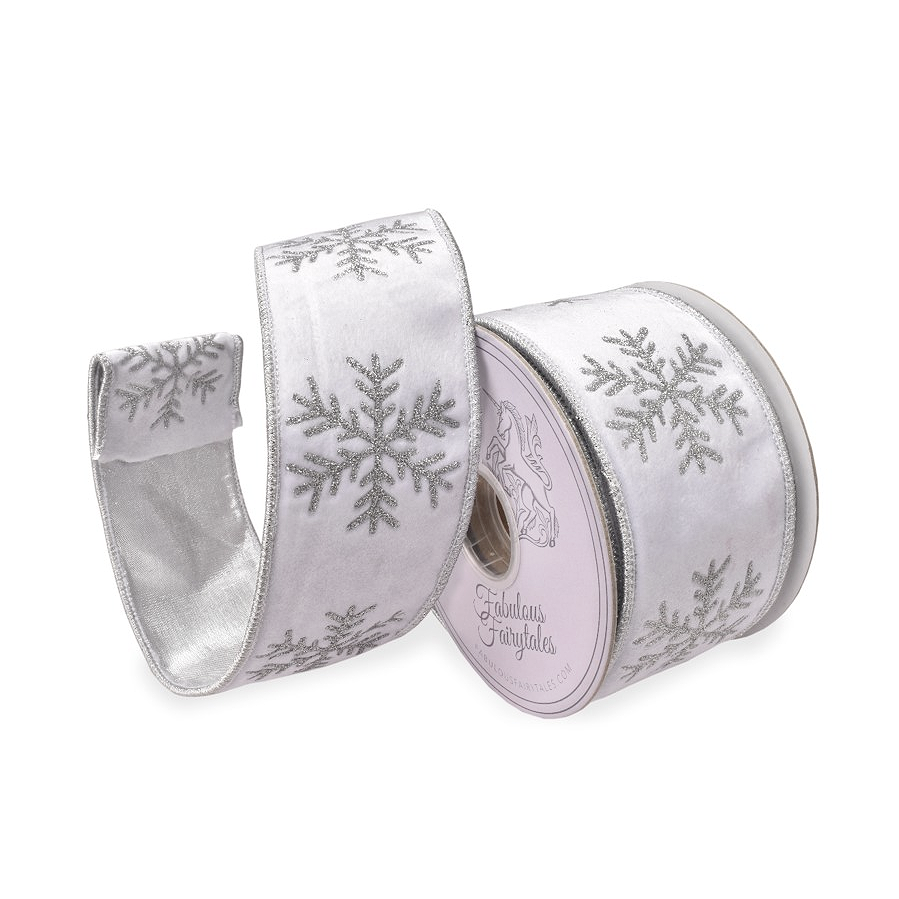 Fabulous Fairytales  White Velvet Silver Snowflake Ribbon