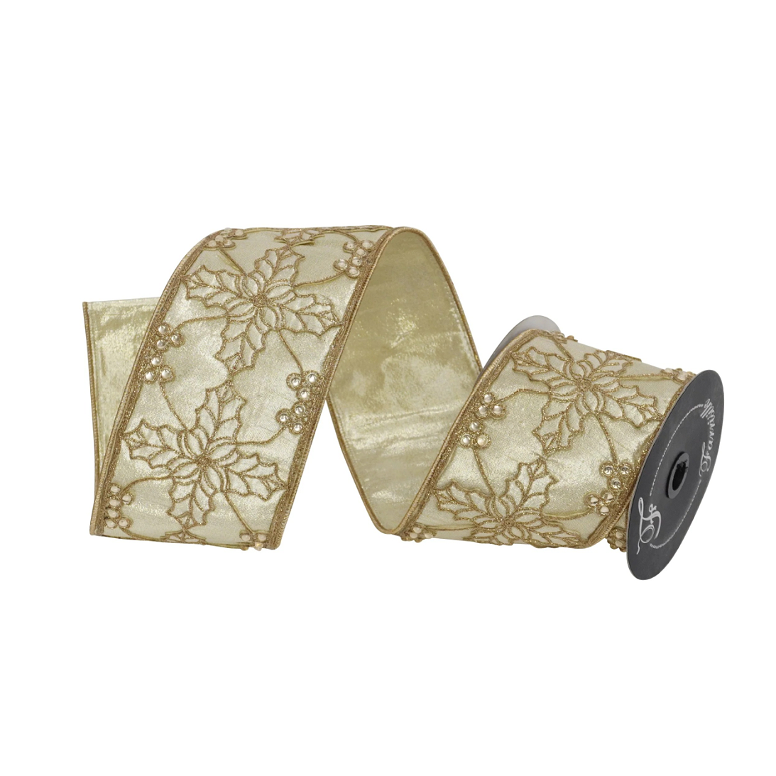 Farrisilk Champagne Holly Crest Wired Ribbon