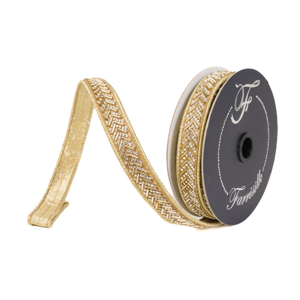 Farrisilk Gold Crystal Chevron Ribbon with crystal beading and metallic gold trim roll