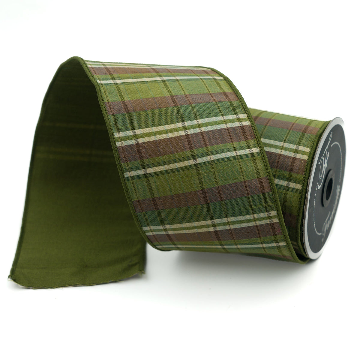 Sherwood Plaid wired ribbon roll by Farrisilk in green and brown check – 4 inch x 10 yards.