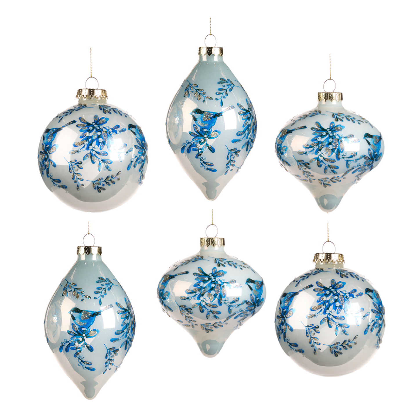 Glass Delft Mistletoe Bird Baubles 4" (Set of 6)