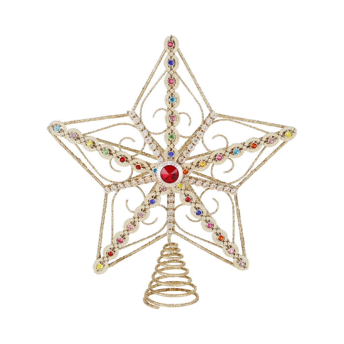 Gold Christmas star tree topper with jewel and crystal-style accents, 8.5 inches tall.