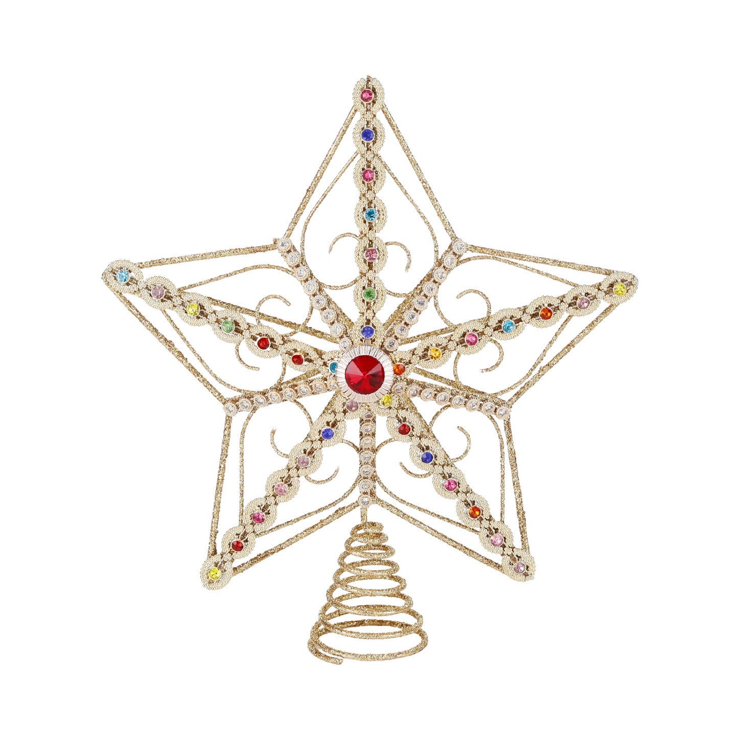 Gold Christmas star tree topper with jewel and crystal-style accents, 8.5 inches tall.