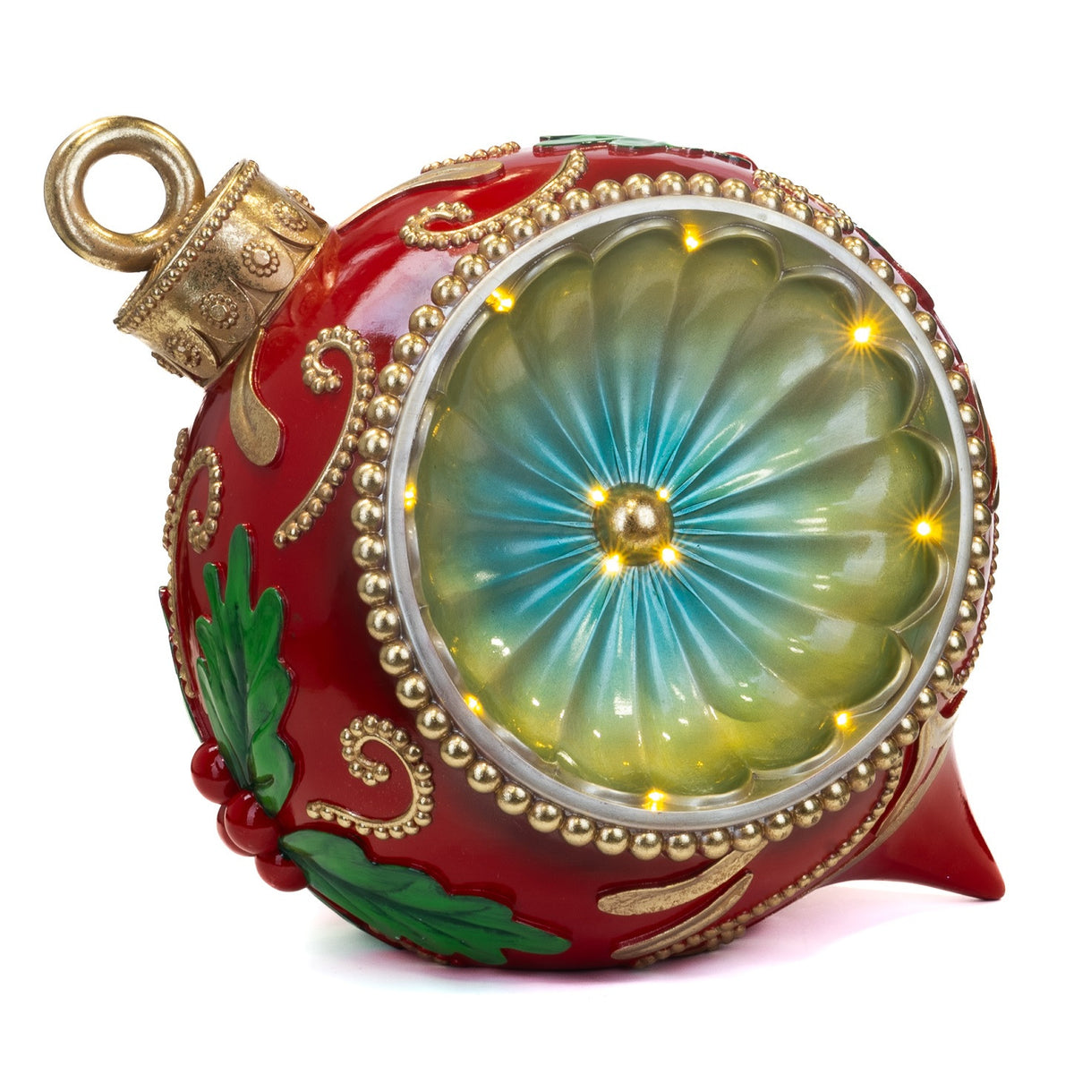 Goodwill Belgium Grand Reflector Bauble, oversized 63cm red resin ornament with gilded scrolls and LED lighting.