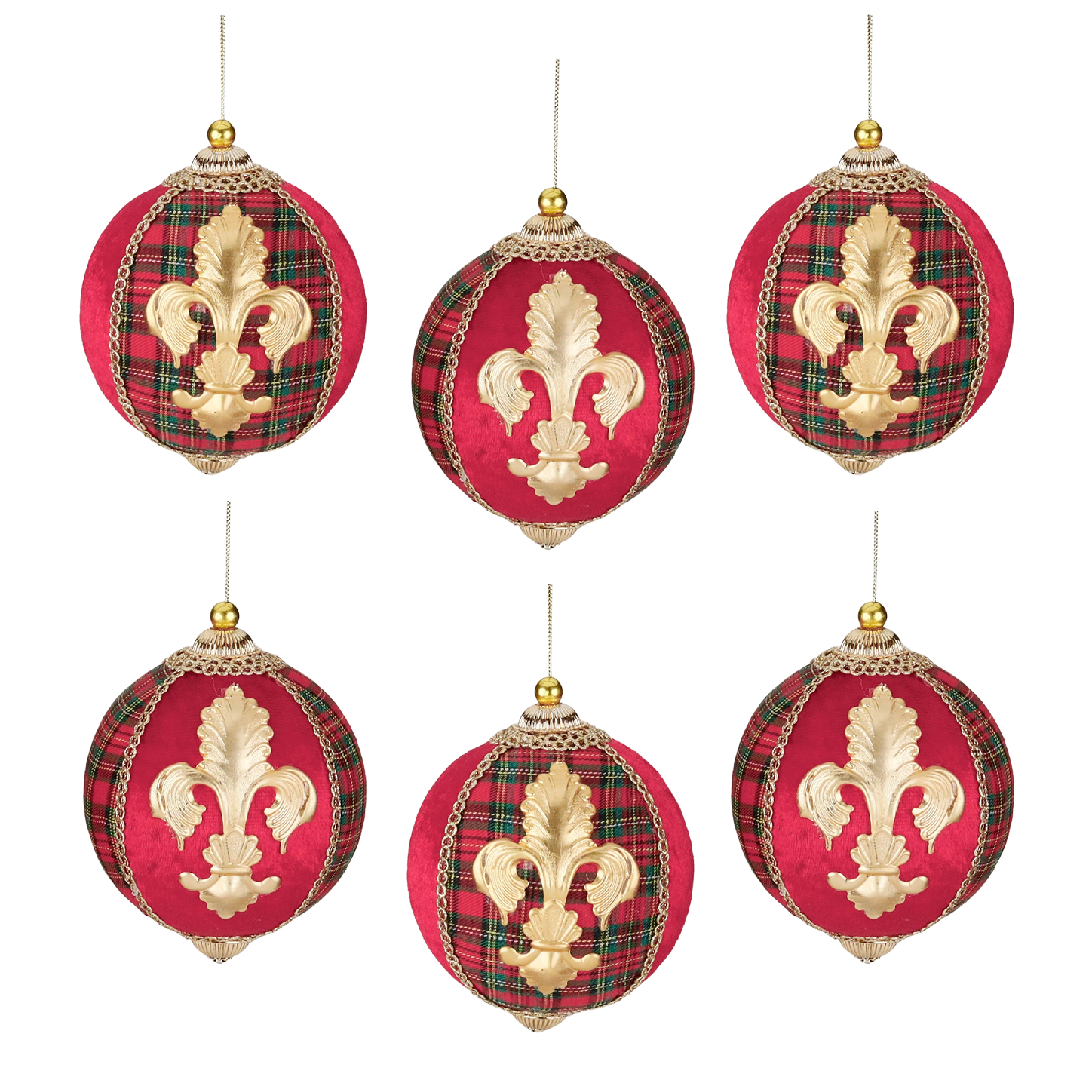 Highland Tartan Velvet Fleur De Lis Ball 4.75" (Set of 6)