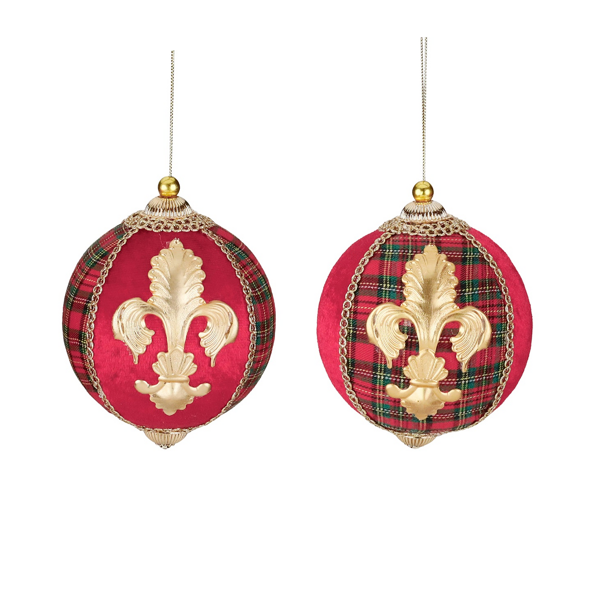 Two red Christmas ornaments with gold fleur-de-lis designs