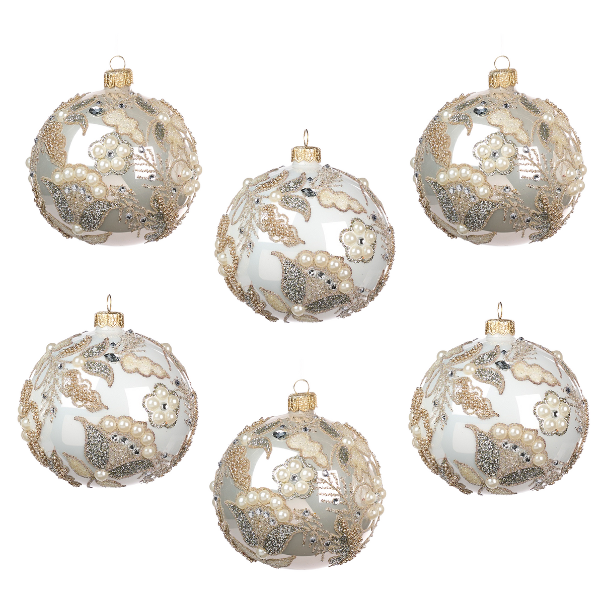 Imperial Pearl Beaded Bauble Set of six luxury glass Christmas ornaments by Goodwill Belgium