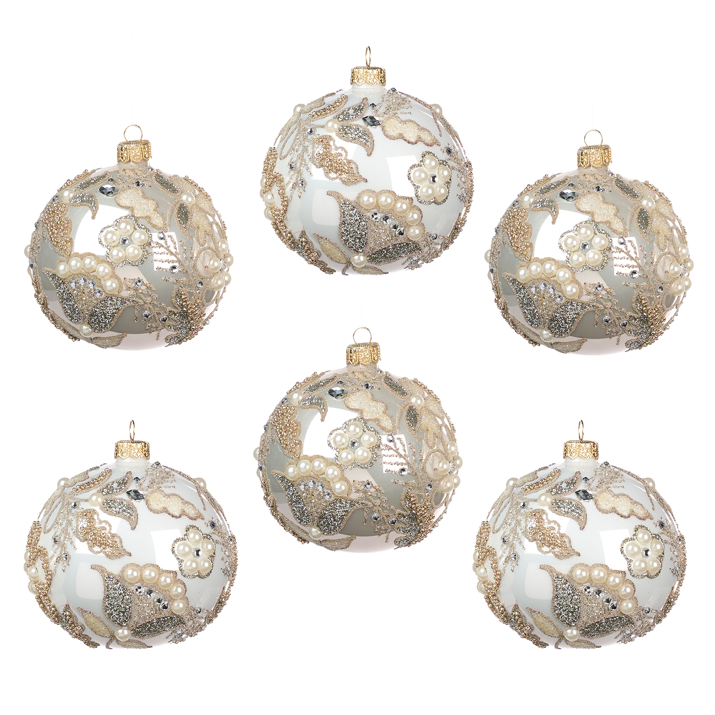 Imperial Pearl Beaded Bauble Set of six luxury glass Christmas ornaments by Goodwill Belgium
