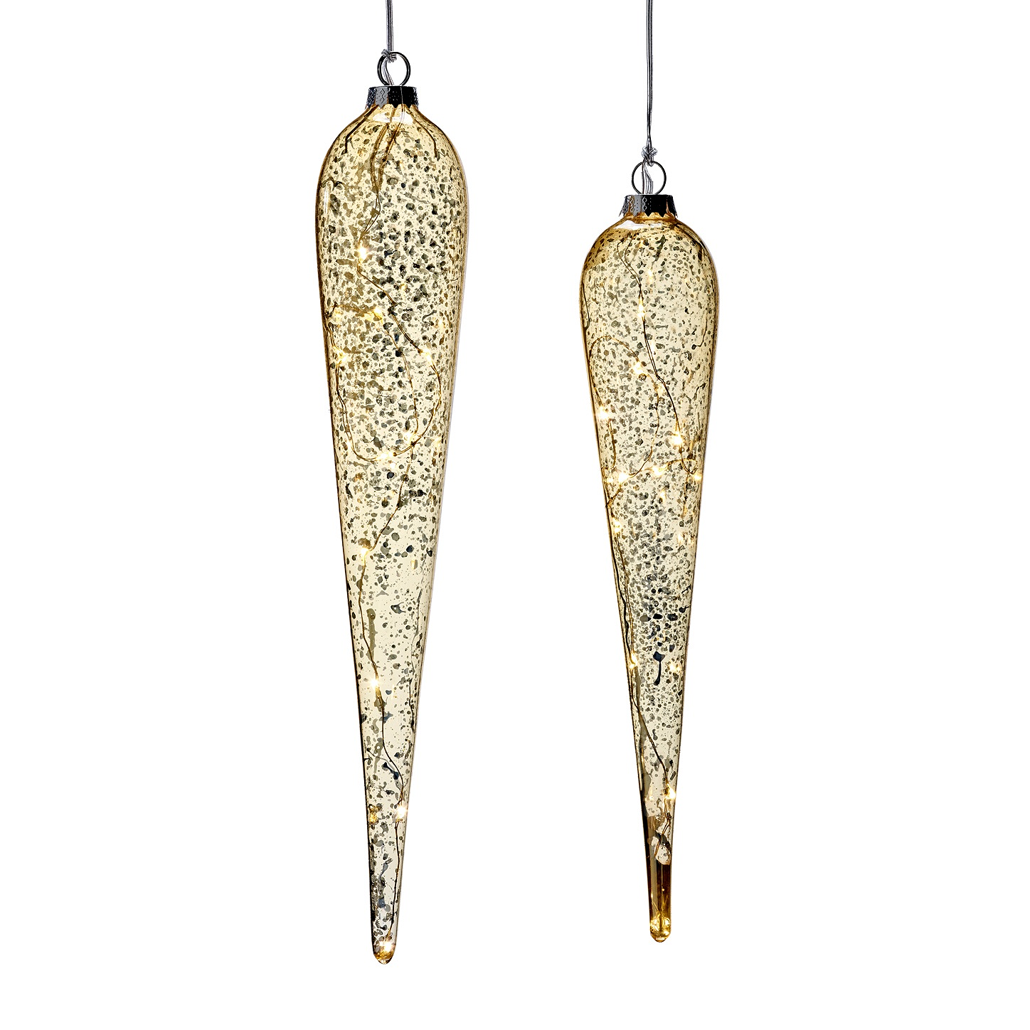 LED Illuminated Glass Champagne Gold Icicle Ornaments 12" (Set of 2)