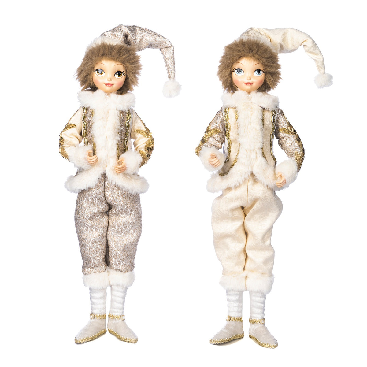 Pair of Regal Winter Elves in ivory and champagne outfits with faux fur and gold trim