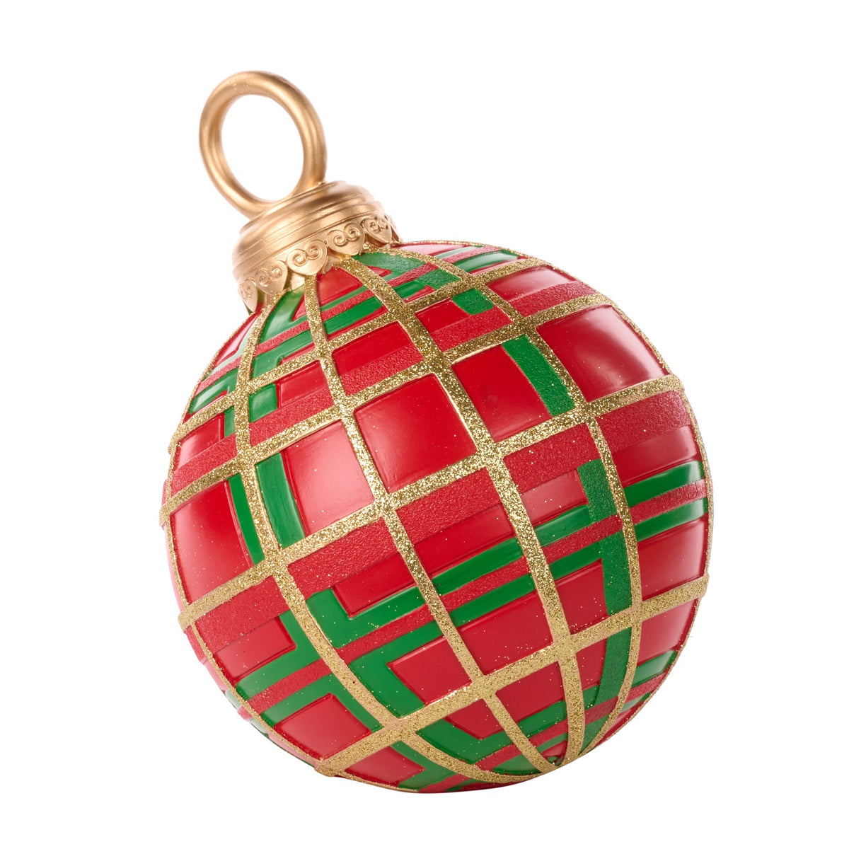 Highland Tartan Display Bauble in red, green, and gold with glitter lattice design.