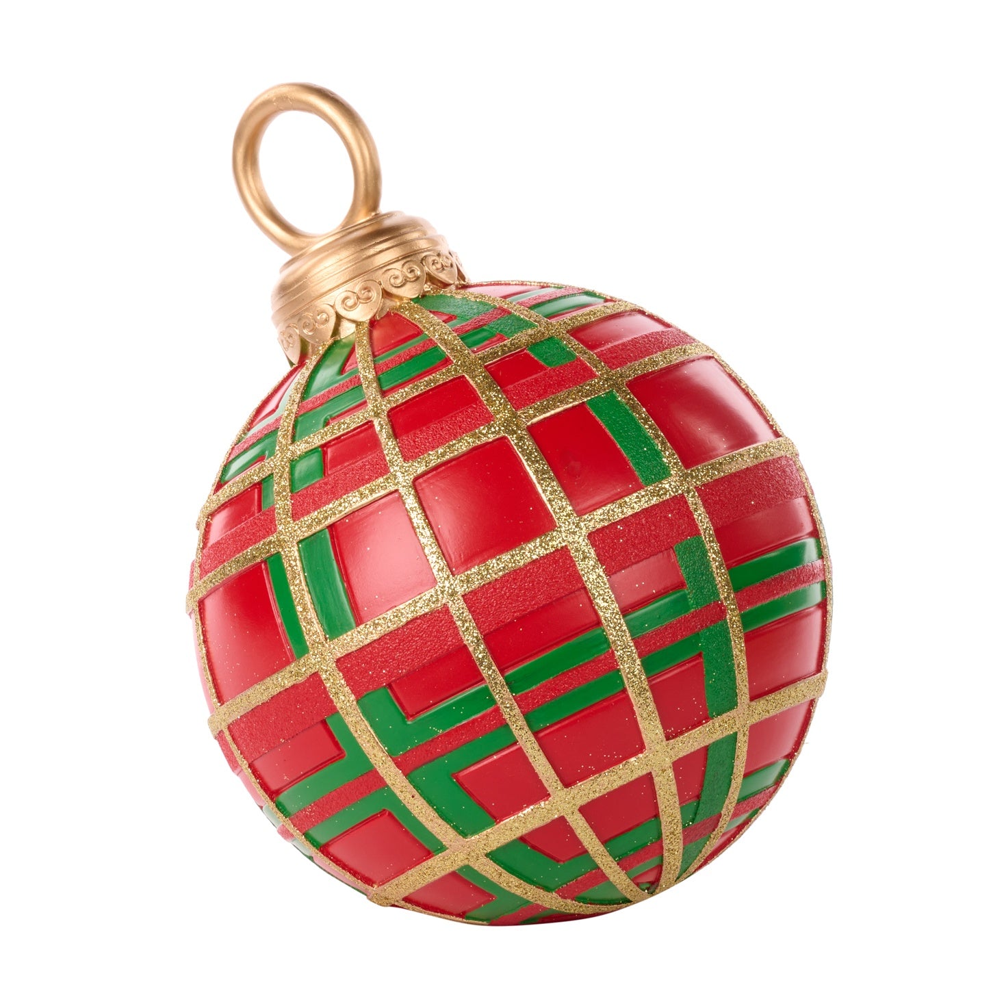 Highland Tartan Display Bauble in red, green, and gold with glitter lattice design.