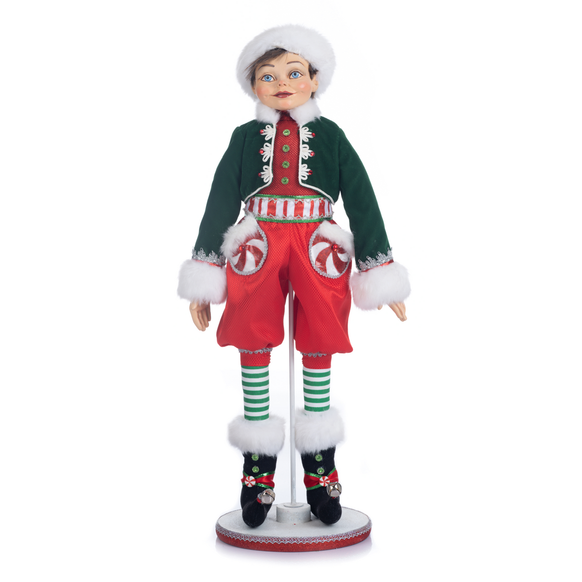 Katherine’s Collection Peppermint Palace Elf Boy in green velvet and red shorts with candy cane details.