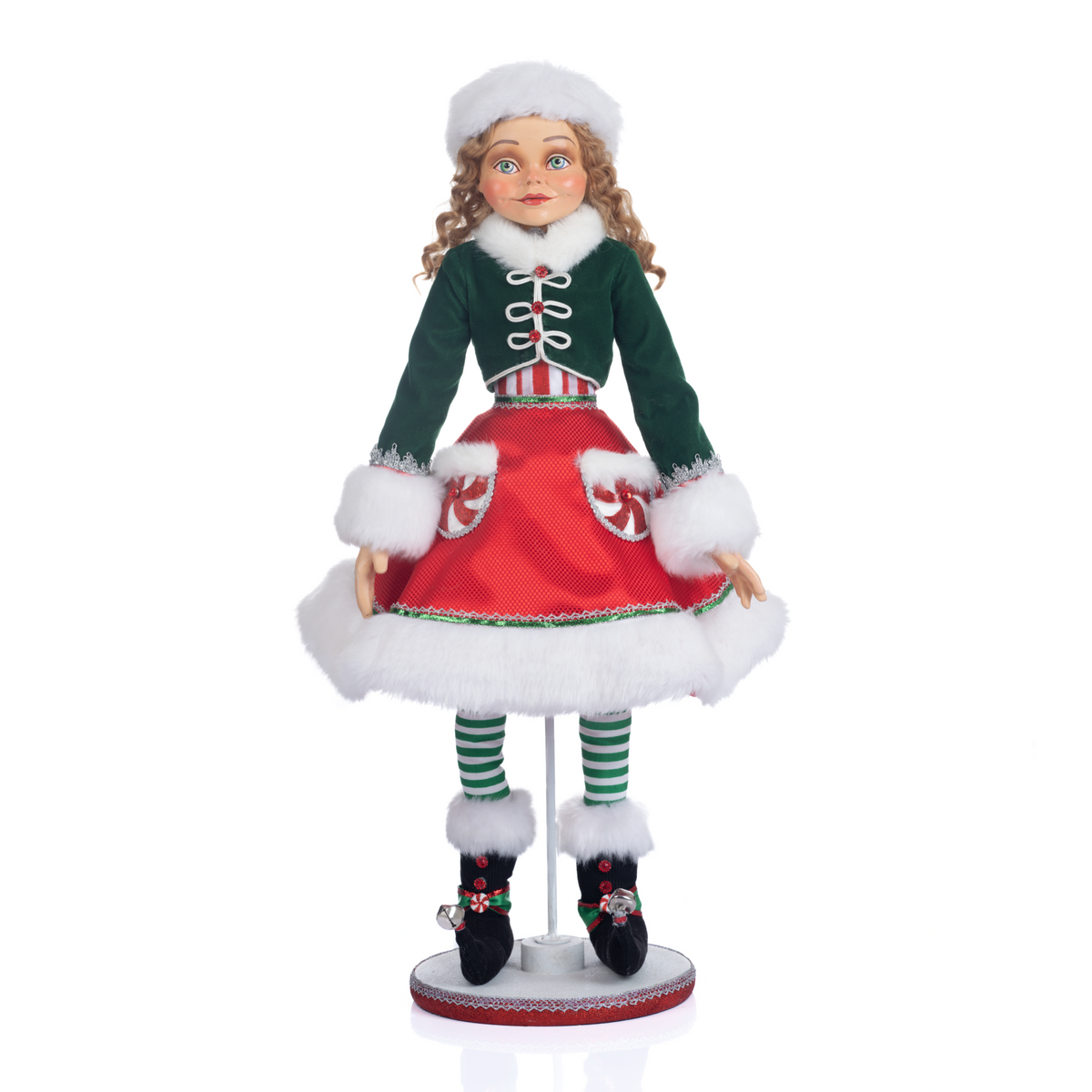 Katherine’s Collection Peppermint Palace Elf Girl in red dress with peppermint trims and faux fur.