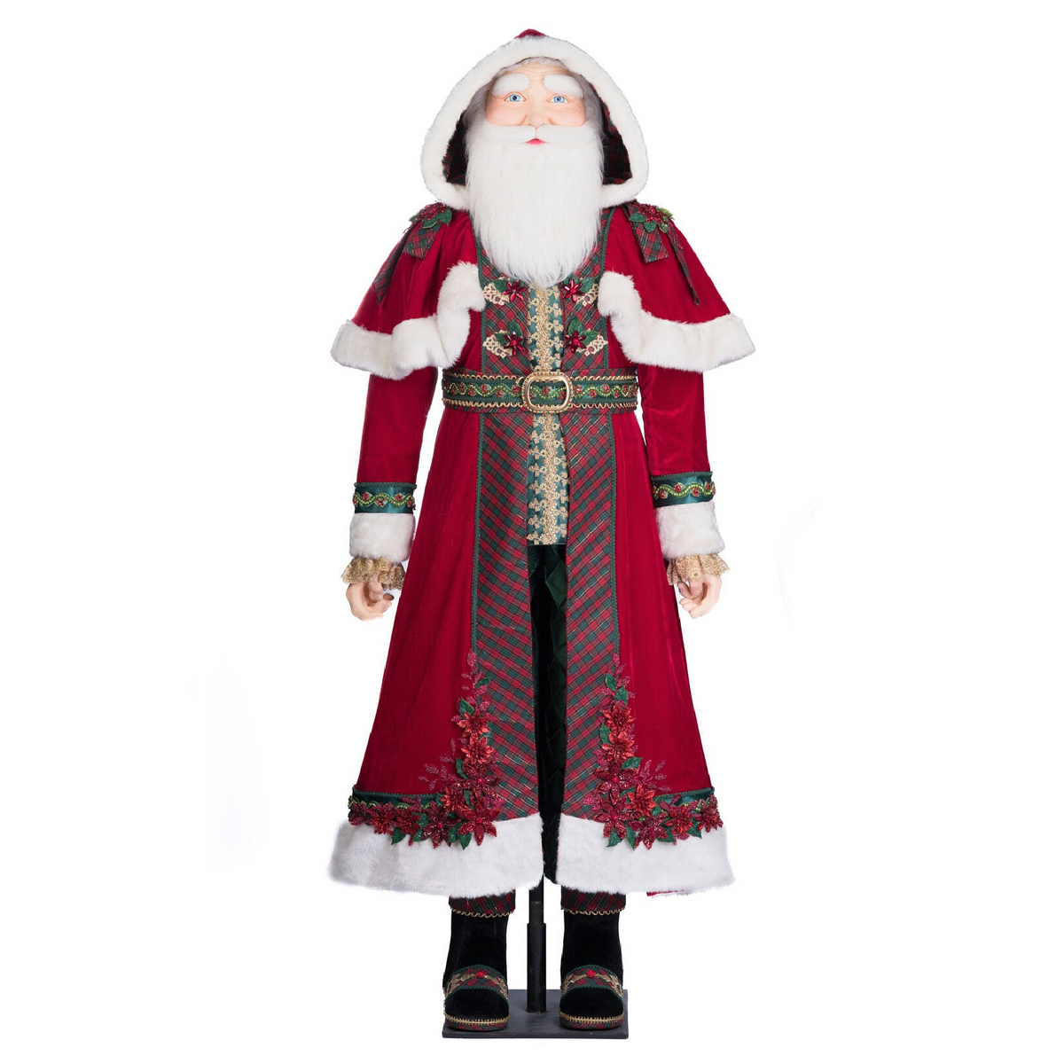 Front view of Katherine’s Collection Christopher Magic Life Size Santa in velvet and plaid coat with jeweled poinsettias and fur trim.