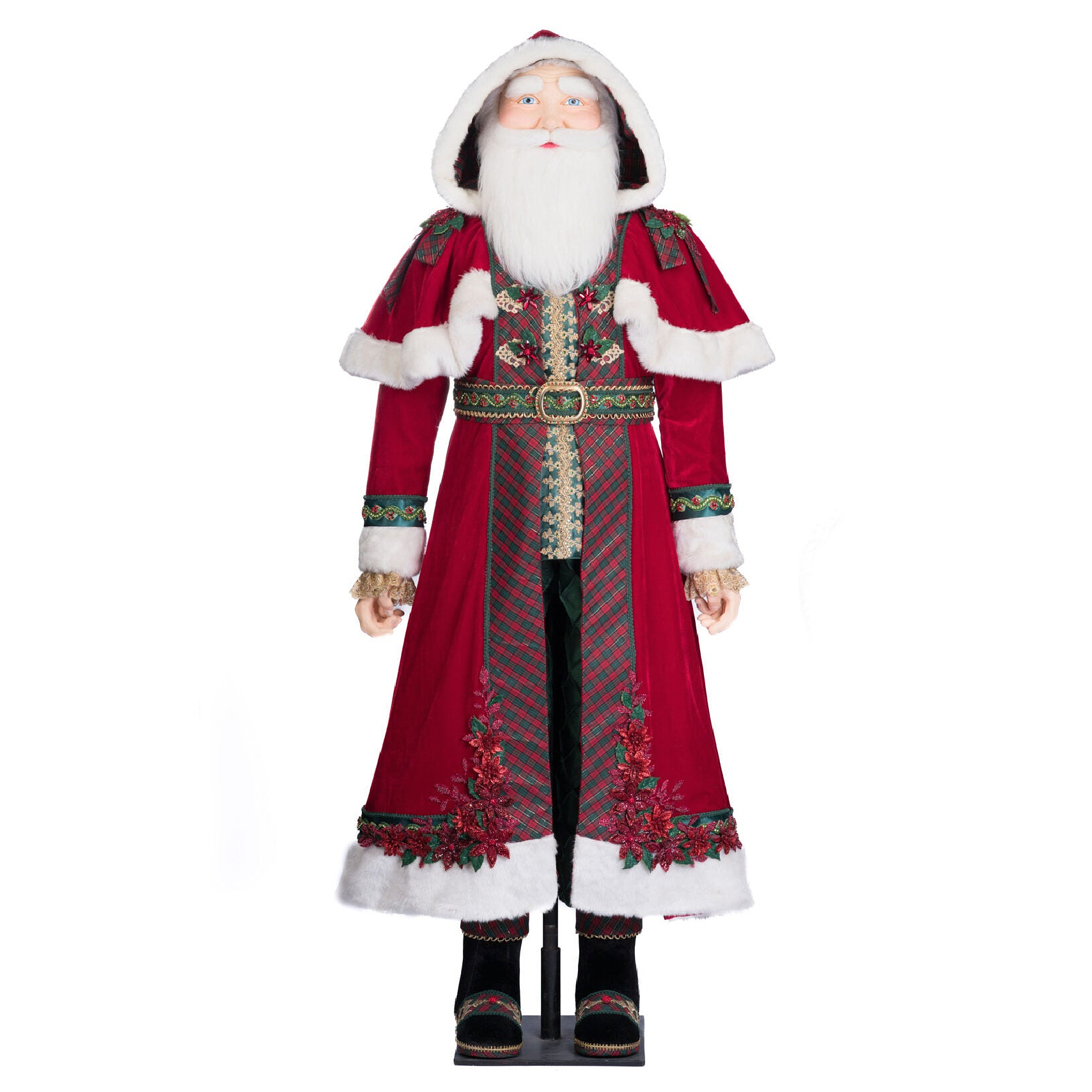 Front view of Katherine’s Collection Christopher Magic Life Size Santa in velvet and plaid coat with jeweled poinsettias and fur trim.