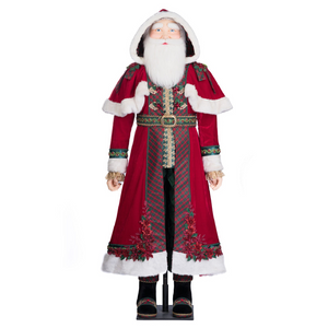 Front view of Katherine’s Collection Christopher Magic Life Size Santa in velvet and plaid coat with jeweled poinsettias and fur trim.